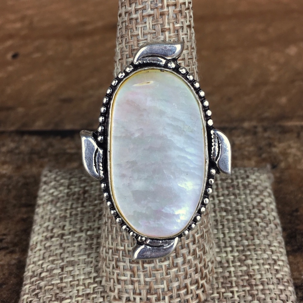 New Mother Of Pearl MOP Statement Silver Overlay Ring Size 8